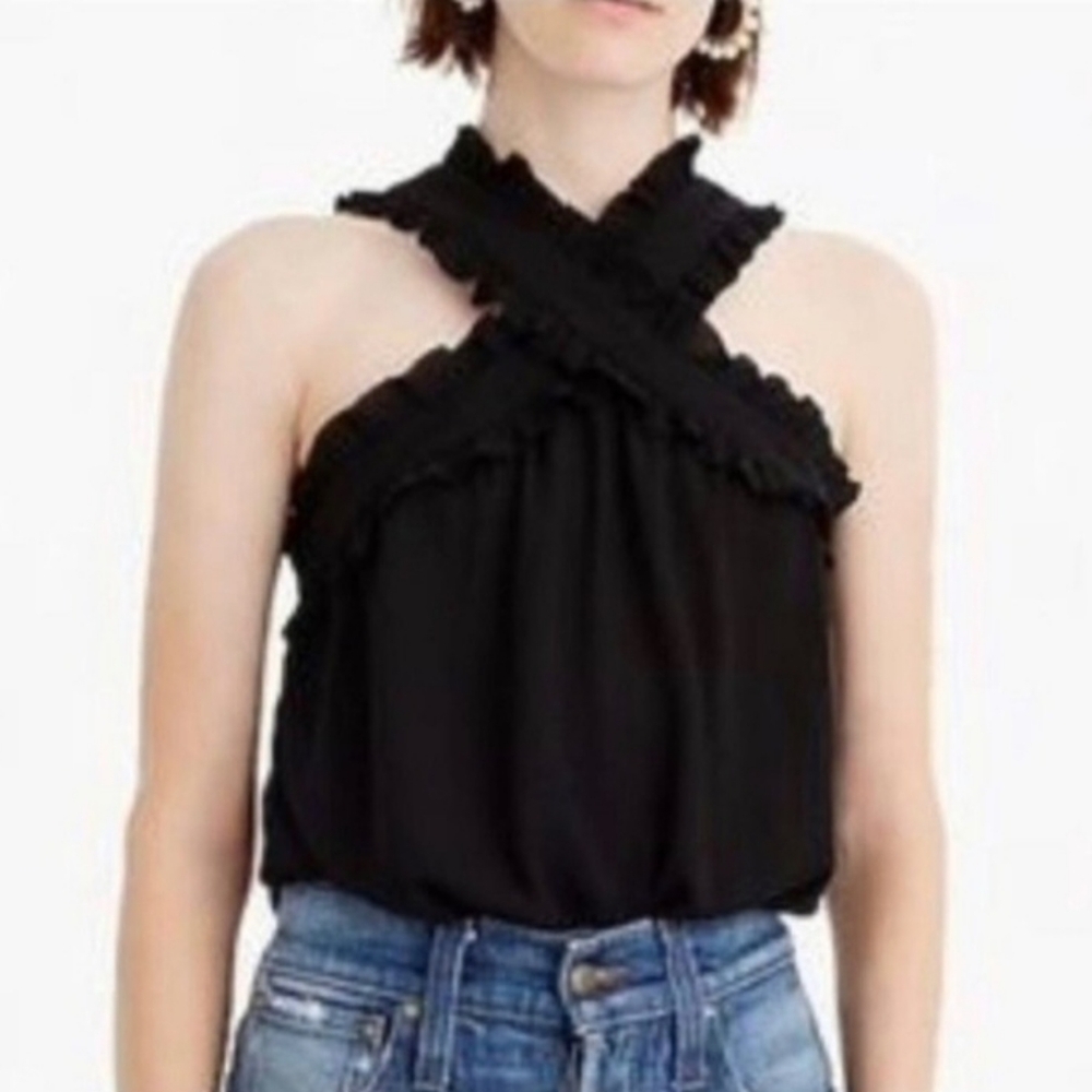 J. Crew Black Sleeveless Tank Top Blouse Size 2 Ruffle Trim